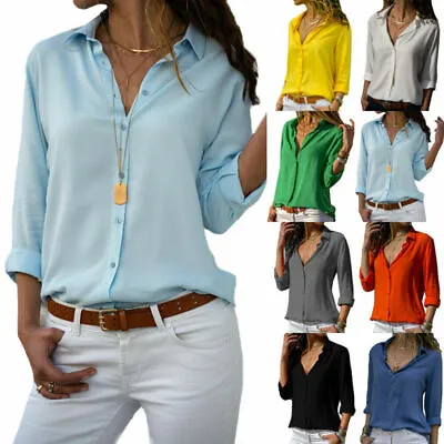 $14.81 • Buy Women Long Sleeve Solid V-Neck Button Down Blouse Casual Solid Loose Shirts Tops