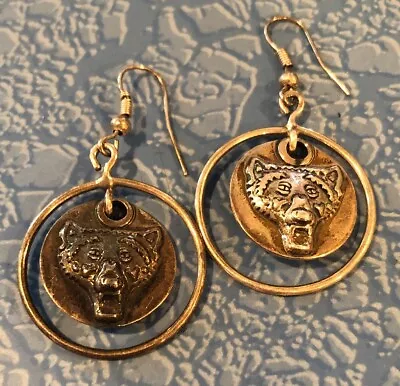 £18.50 • Buy VtgEstate Tribal Native Growling Wolf Bear Badger Hoop Dangle Earrings Silver?