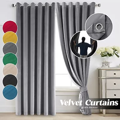 Luxury Velvet Curtains Thick Thermal Blackout Ring Top Fully Lined Pair Eyelet • £19.99