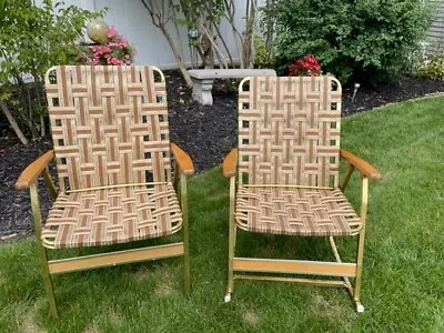 2 Vintage Webbed Telescope Folding Aluminum/Wood Arm Lawn / Rocking Chair • $99