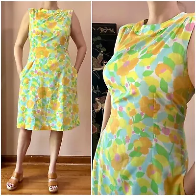 Vintage 60s Dress With Pockets - Retro Floral Cotton Hippie Boho Sheath • $36