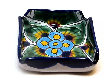 Talavera Mexico Ashtray  Folk Art Pottery Floral Design Hand Painted Square 3.5  • $8