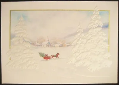$1.29 • Buy Vintage Christmas Greeting Card Village In Winter/Horse Drawn Sleigh W Xmas Tree