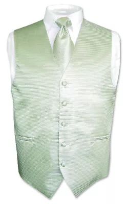Men's Dress Vest & NeckTie Sage Green Woven Neck Tie Horizontal Stripes Set • $24.95