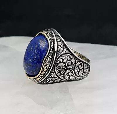 Solid 925 Sterling Silver Natural Lapis Lazuli Gemstone Huge Bohemian Men's Ring • $43.23