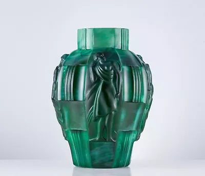 Antique Czech Art Deco Malachite Glass Vase With Danci Figures's Curt Schlevogt • $950