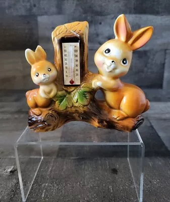 Vintage Ceramic Mom And Baby Rabbit On Tree Trunk Thermometer Japan Kitsch • $25.99