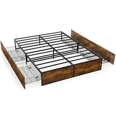 Small Double Iron Bed Frame 4 Underbed  Storage Drawers Platfrom Bed Slat Base • £128.95