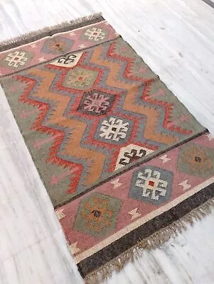 Kilim Wool Jute Rugs Runner Bohemian Custom Vintage Carpet Oriental Dhurrie Rug • $117.28