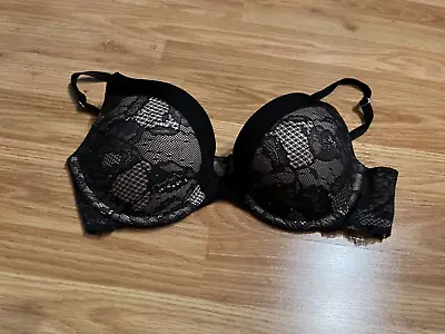 Victoria’s Secret 34C Bra Biofit Demi Uplift Black Beige Satin Lace Rhinestones • $15.99