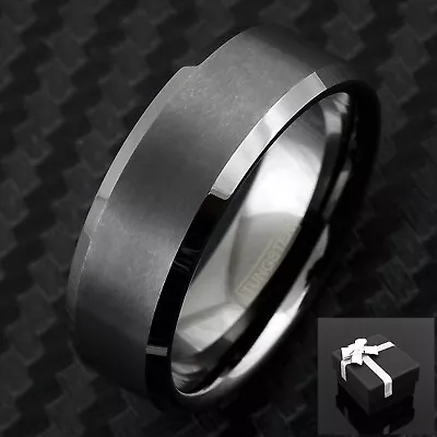 Tungsten Carbide Ring 8mm Gunmetal (not Black) Brushed Beveled Mens Wedding Band • $13.99