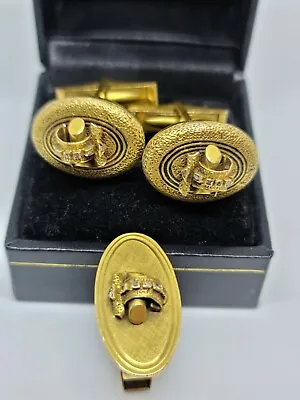 Vintage 14K Yellow Gold Men's Diamond Cufflinks & Tie Clip Set MSRP $3850 • $1750