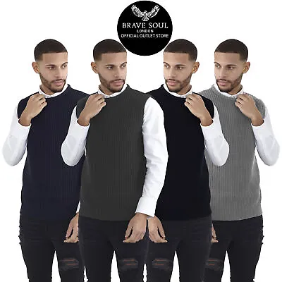 Brave Soul Mens Crew Neck Tank Top Sleeveless Golf Top Knitted Jumper Pullover • £13.59