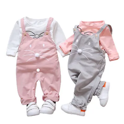 Toddler Baby Long Sleeve Top Bib Pants Boy Girl Cat Jumpsuit T-shirt Set Outfit • £13.16