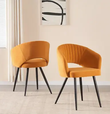AINPECCA Set Of 2 Mustard Dining Chairs Velvet Padded Seat Metal Legs Armchairs • $189.99