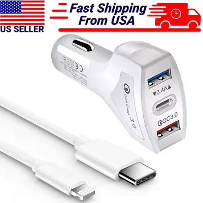 For IPhone 15 Pro Max 14 13 12 3 Port PD USB-C Fast Car Charger Adapter & Cable • $10.99