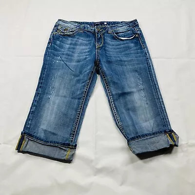 Vigoss Jeans Womens Size 11 Capri Cuffed Distressed Flap Pockets Mid Rise Blue • $9.22