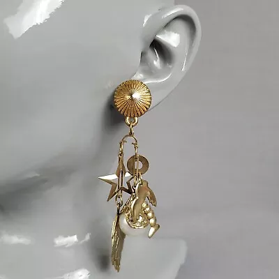 Vintage Dangle Charm Earrings Faux Pearl Palm Tree Star Leaf 3.5in Long Tropical • $12