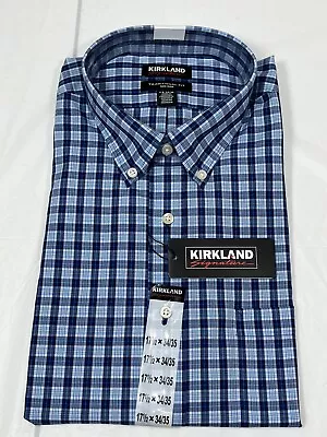 Kirkland Signature Traditional Fit Dress Shirt Blue Plaid Men's 17.5 34/35 NWT • $24.94