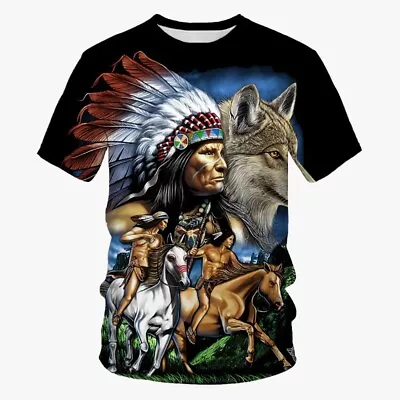 Native American Indian Chief Wolf Eagle Print Tees Unisex Short Sleeve T-Shirt • $17.98