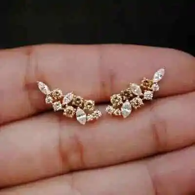 2Ct Round Cut Lab Created Morganite Ear Climber Earrings 14K Yellow Gold Plated • $79.89
