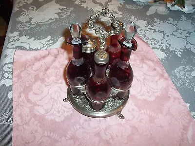 ANTIQUE RubyRED  Glass Bottles Castor Set • $300
