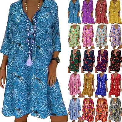 $30.59 • Buy Women Boho Loose Tunic Dress Floral Summer Beach Baggy Kaftan Dresses Plus Size