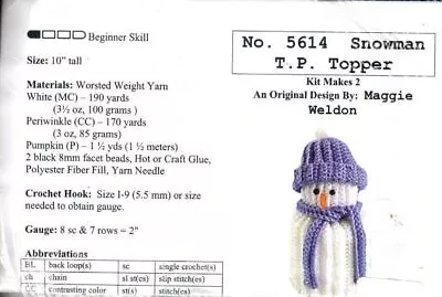 New Mary Maxim Snowman T.p. Topper Crochet Kit Makes 2 • $15.95