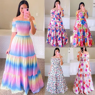 Women Floral Rainbow Off Shoulder Summer Long Dress Ruffle Short Sleeve Dress • $35.04