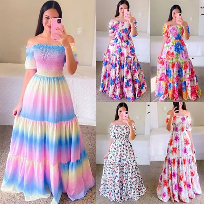 $35.04 • Buy Women Floral Rainbow Off Shoulder Summer Long Dress Ruffle Short Sleeve Dress