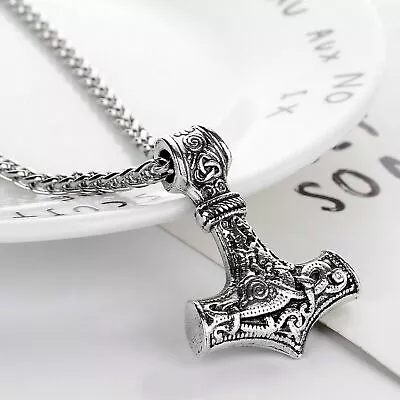 Viking Thors Hammer Pendant Necklace Mjolnir Nordic Silver Steel Keel Chain • £4.95