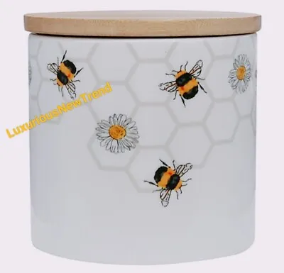 1x White Shade Ceramic Tea / Coffee / Canister Storage Jar Honeycomb Bee Gift UK • £15.99