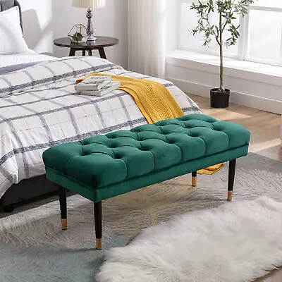 Tufted Bench Modern Velvet Bedroom Rectangle Fabric Footstool，Green • $145.74