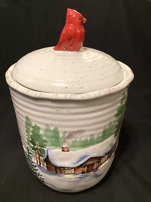 St. Nicholas Square Winter White 3-D Cookie Jar Forest Cabin Deer Cardinal Lid • $34.99