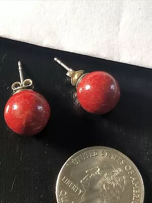 Vintage Genuine Red Coral Solid Sterling Silver 925 Stud Earrings 12 Mm 4.4 G • $10