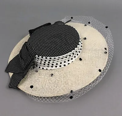 VTG Sonni San Francisco Straw Sun Hat Black White Polka Dot Mesh Large Brim • $48.99