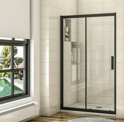 New Black Frame Bathroom Sliding Shower Enclosure Screen WalK In 8mm Glass Door • £140