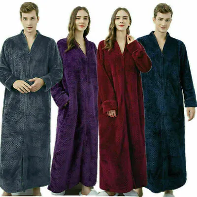 2022 Womens Dressing Gown Long Fleece Bath Robe Fleece Zip Robe House Coats Soft • £38.39