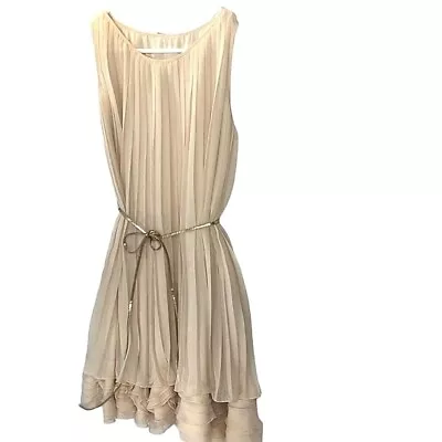 Vintage Dress Pure Silk Sleeveless Cream Champagne Pleated Shift Mini - Size 10 • $35