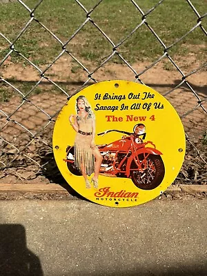 Vintage Porcelain Indian Motorcycles The New 4 Gas And Oil Sign • $9.99