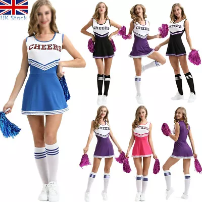 Cheerleader Fancy Dress Outfit Uniform High School Cheer Costume W/ Pom Poms Uk • £7.99