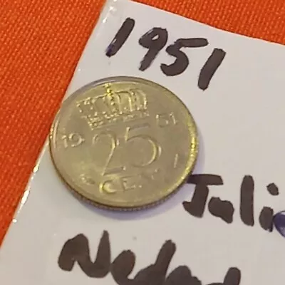 1951 Netherlands 25 Cents Coin - Authentic AU Qn Juliana Issue • $1.99