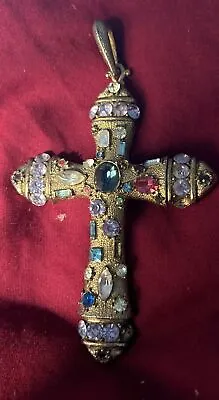 VINTAGE Large Jeweled Rhinestones Multi Royal Color Cross Pendant High End Rare • $150