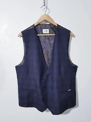Tayion Purple Blue Tartan Plaid Paisley 4 Season WOOL Blend Waistcoat Vest XL 48 • $89.96