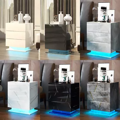 LED Nightstand With 3 Drawers High Gloss Side End Table Storage Cabinet Sofa Bed • $199.98