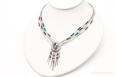 Vintage Native American QT Multi Gem Bead Sterling Silver Chain Necklace • $250