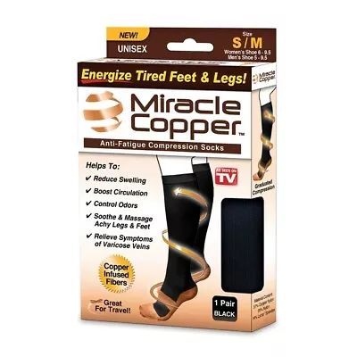 Miracle Copper®  1 Pair BLACK Compression Socks ~Anti-Fatigue~ Great For Travel! • $10.99