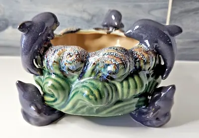 Beautiful Majolica Dolphins Jumping On Waves Footed Planter Bowl • $38
