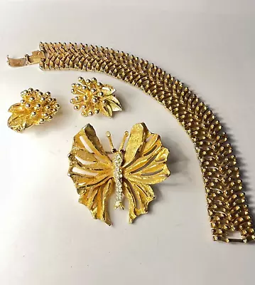 Vintage BSK Brushed Gold-Tone Bracelet Matching Clip Earrings & Butterfly Brooch • $30