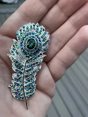 $8 • Buy Peacock Feather Rhinestone Brooch Pin NEW Aqua Blue Jewelry Gift 2.75 